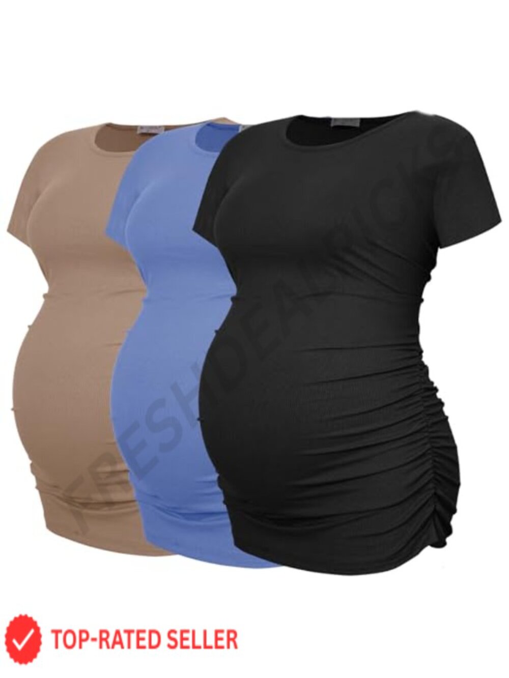 Ribbed Ruched Maternity T-Shirts 3 Pack Crew Neck Short Sleeve Tops